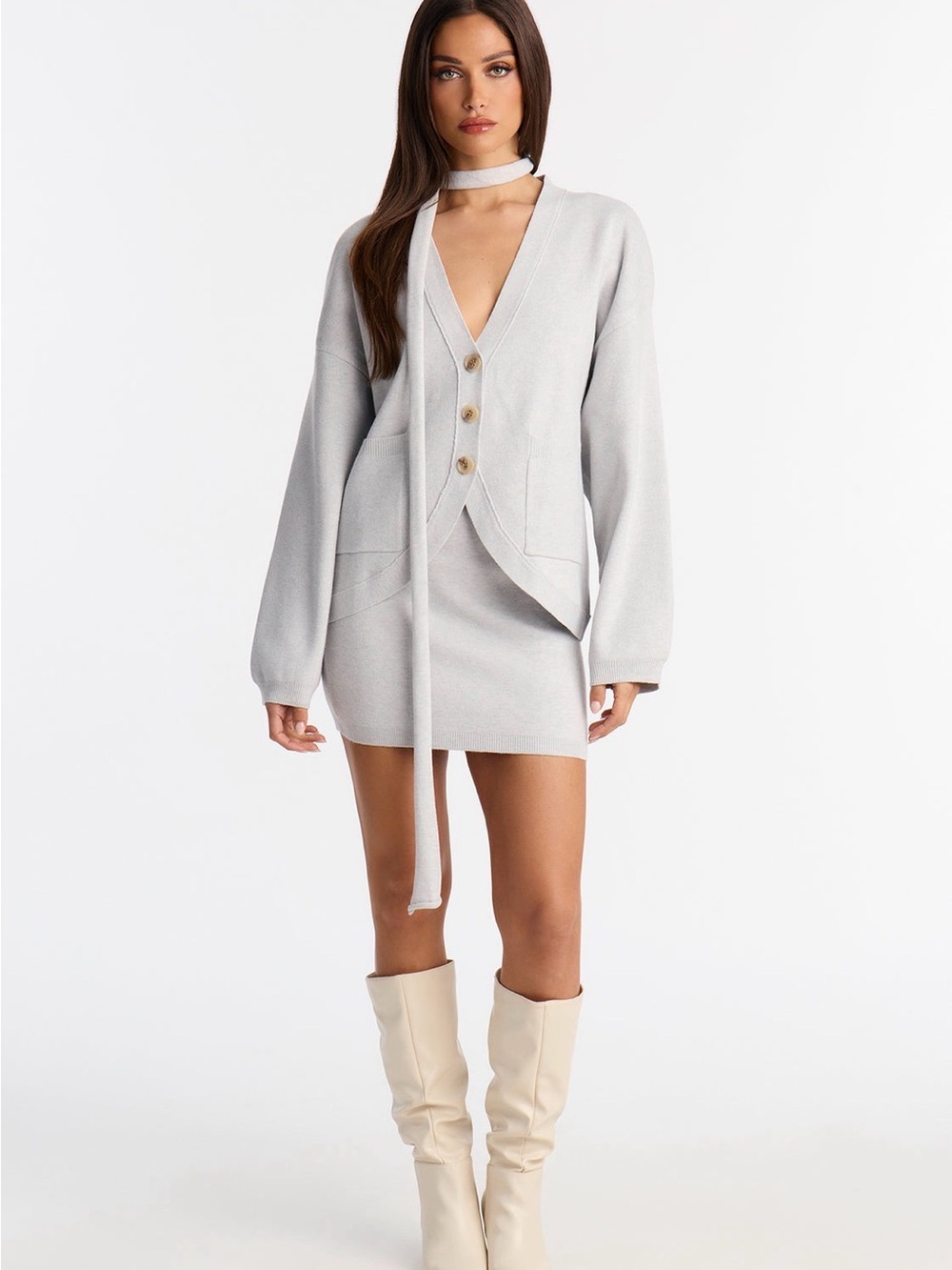 Fashion Nova Light Gray Knit Mini Skirt, Sweater with Detachable Neck Tie